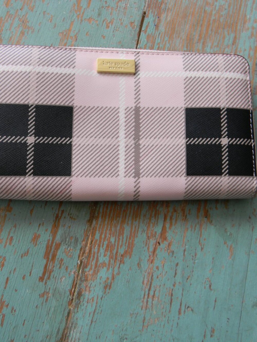 KATE SPADE NEWBURY LANE PINK PLAID LARGE NEDA ZIP AROUND COATED CANVAS WALLET